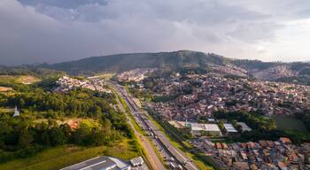 Aerial view of the Pirituba neighborhood in Sao Paulo, Brazil. Pico do Jaraguá in the background.