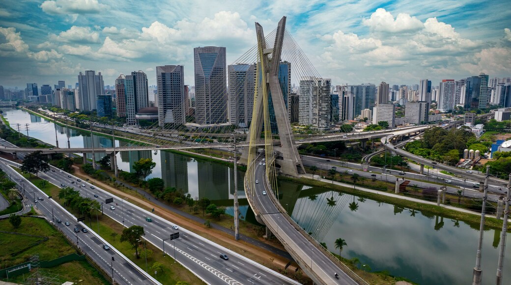 Estaiada's bridge aerial view in Marginal Pinheiros, São Paulo, Brazil. Business center. Financial Center. Famous cable stayed (Ponte Estaiada) bridge