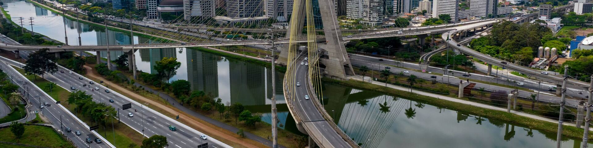 Estaiada's bridge aerial view in Marginal Pinheiros, São Paulo, Brazil. Business center. Financial Center. Famous cable stayed (Ponte Estaiada) bridge