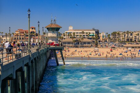 A pier extending into the ocean with people walking along it, a beach with palm trees and umbrellas, and buildings in the background.