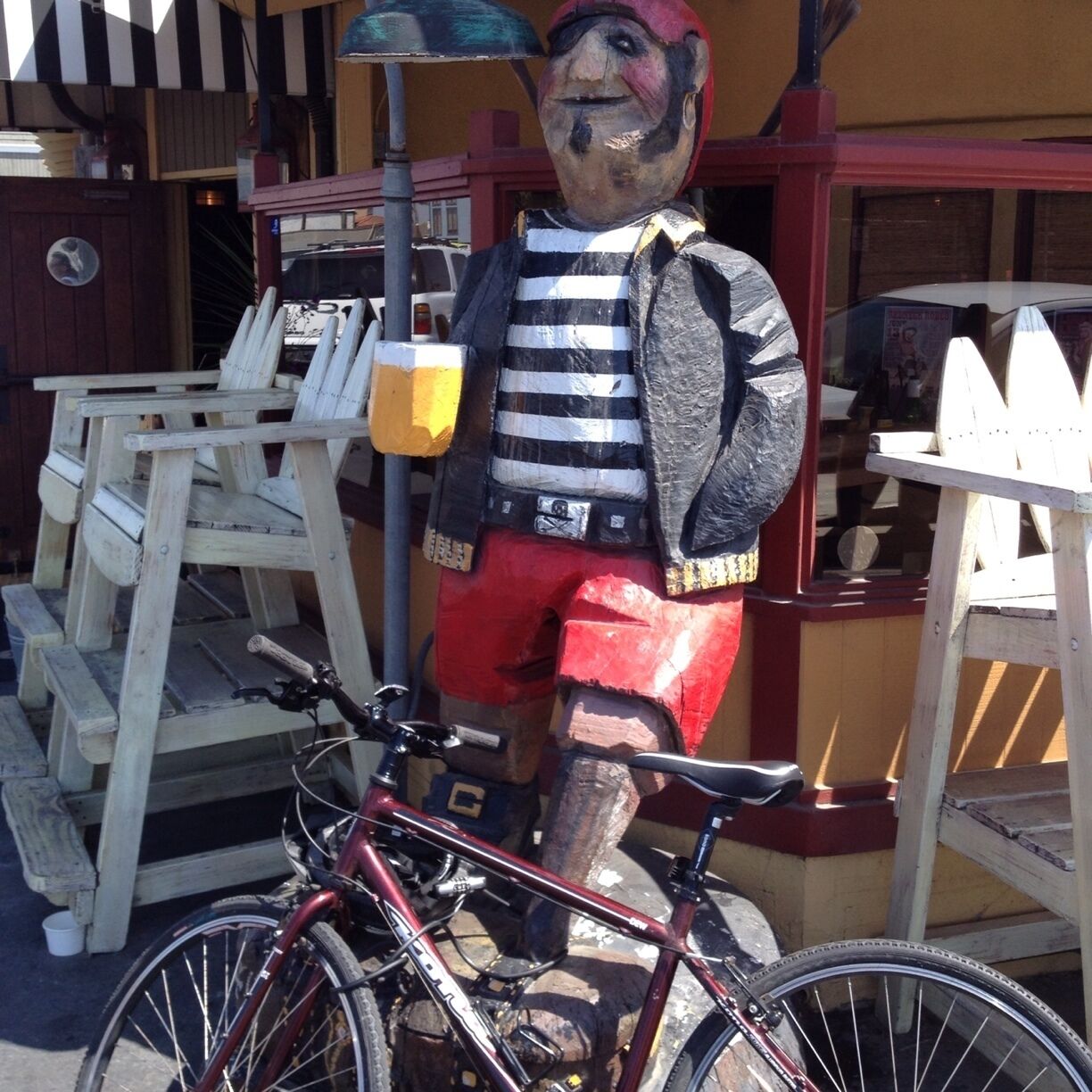 Where else but Schooners at Sunset can you lock up your bike to Pegleg?