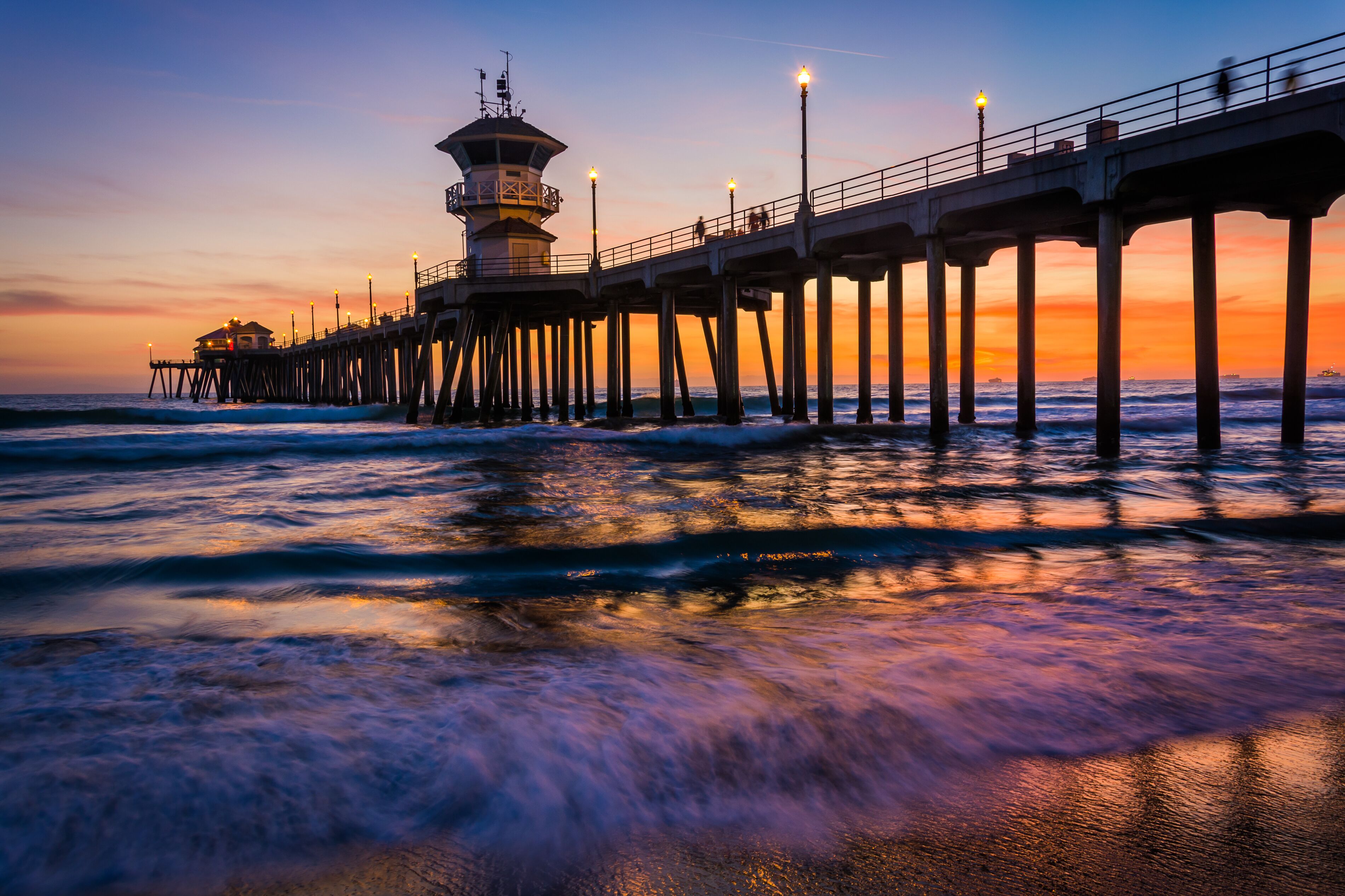 Waves in the Pacific Ocean and the pier at sunset, in Huntington Beach, California.; Shutterstock ID 256409926