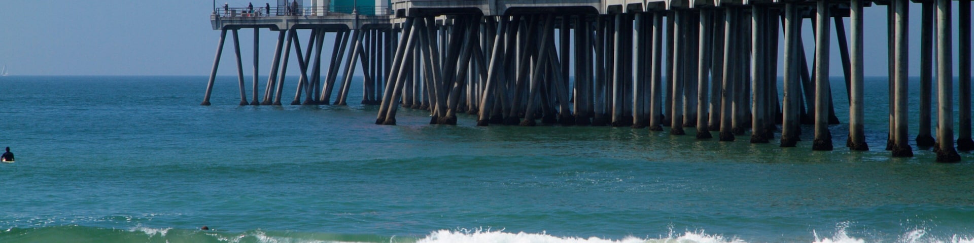 Huntington Beach caracterizando uma praia de areia e paisagem assim como um pequeno grupo de pessoas