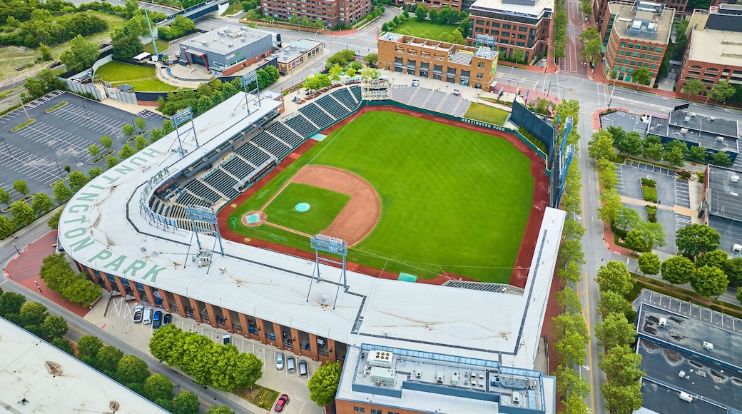 Aerial over Huntington Park baseball diamond at dawn