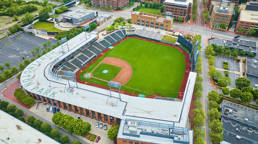 Aerial over Huntington Park baseball diamond at dawn