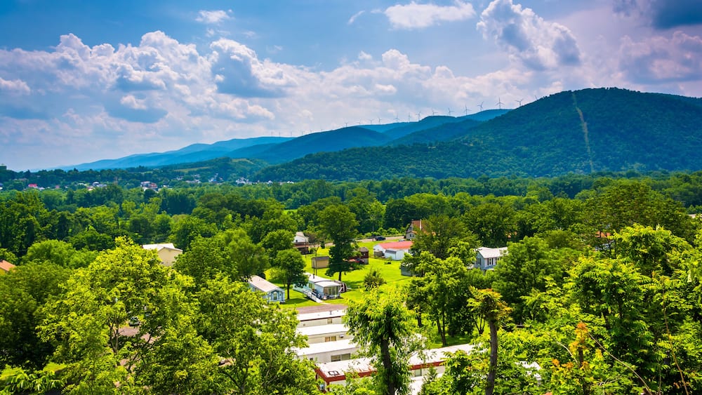 View of a trailer park and mountains near Keyser, West Virginia.