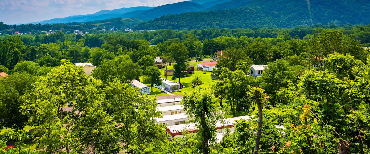 A lush green landscape with a village, wind turbines, and rolling hills.
