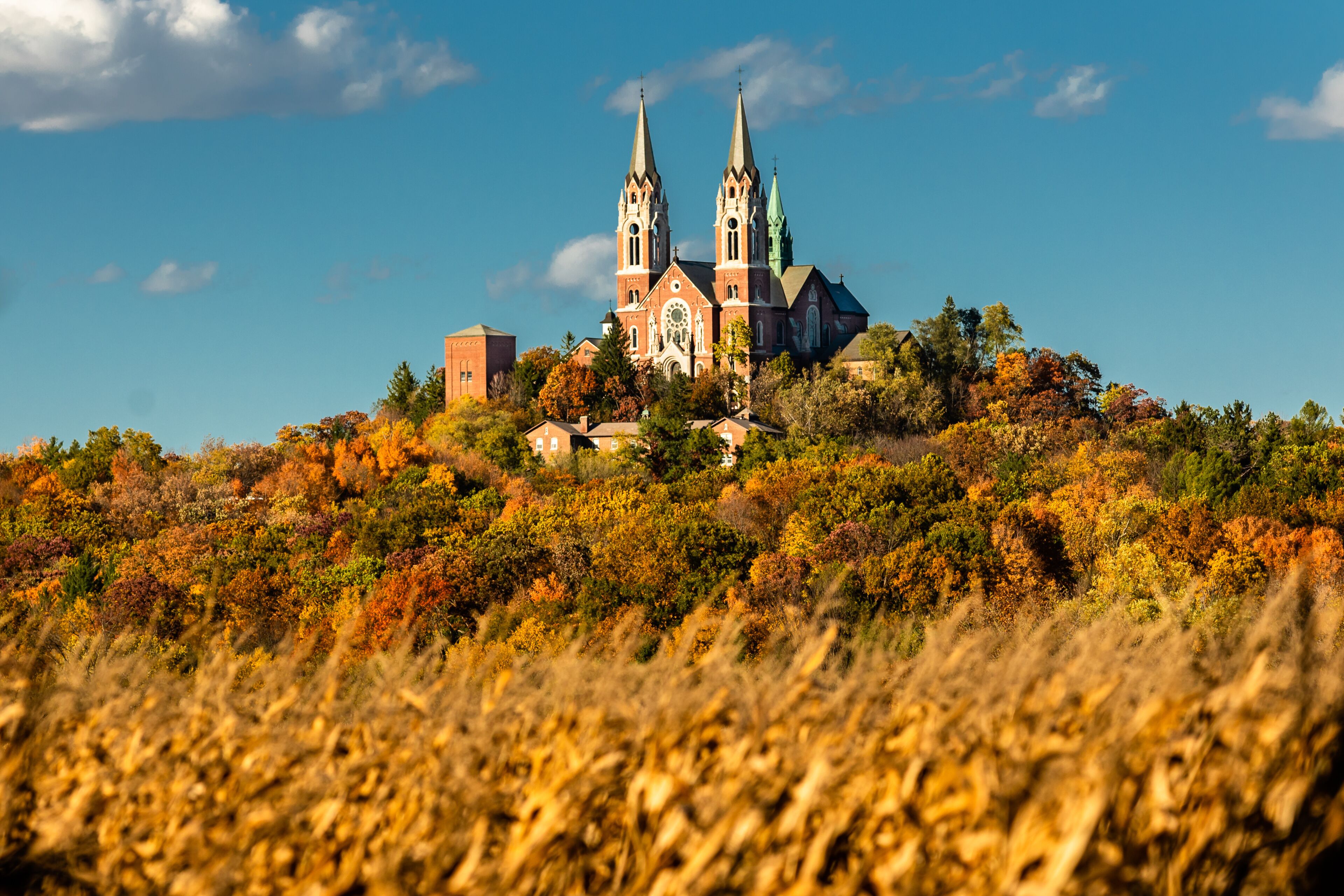 Cathedral on holy hill in the afternoon sun on an autumn day in Wisconsin
