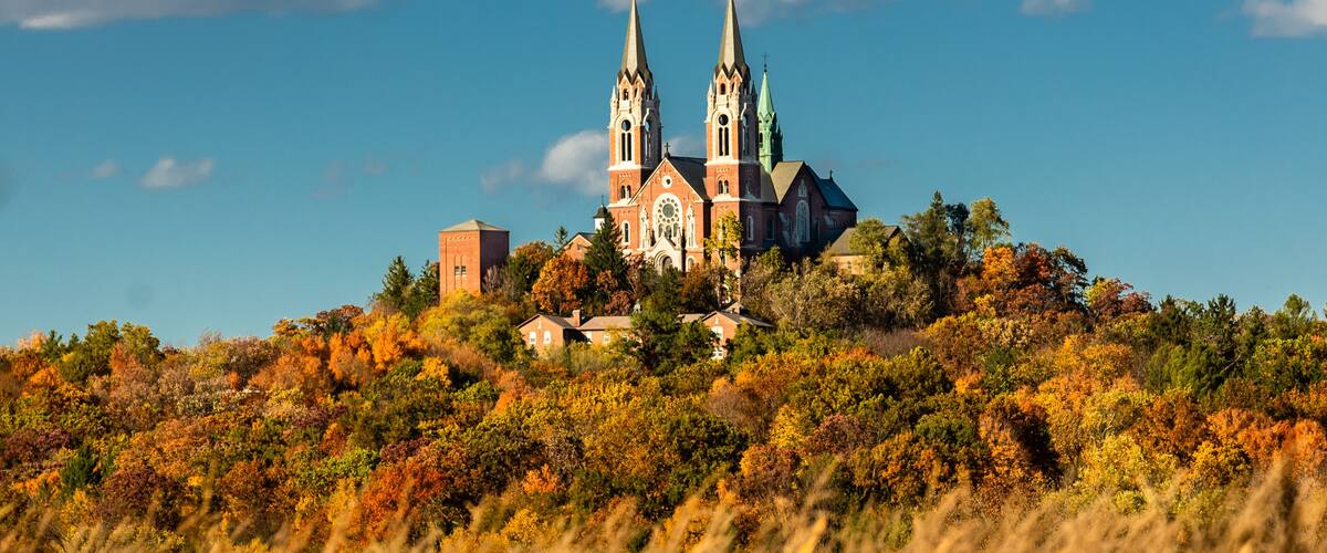 Cathedral on holy hill in the afternoon sun on an autumn day in Wisconsin