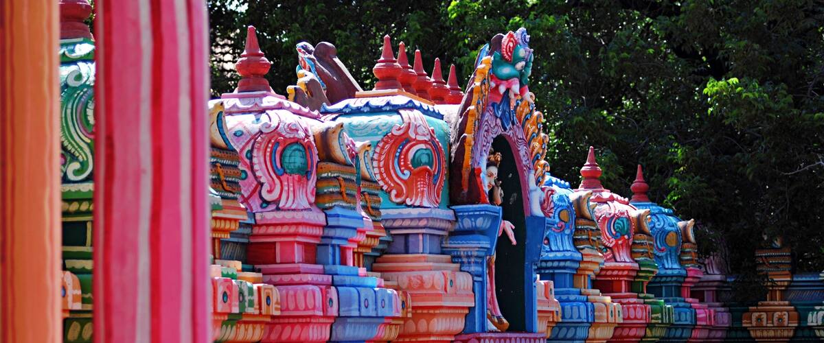 Colorful, intricately designed temple structures.