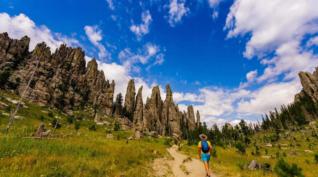 A hiker on a dirt path surrounded by tall, rugged rock formations and dense forest under a partly cloudy sky.