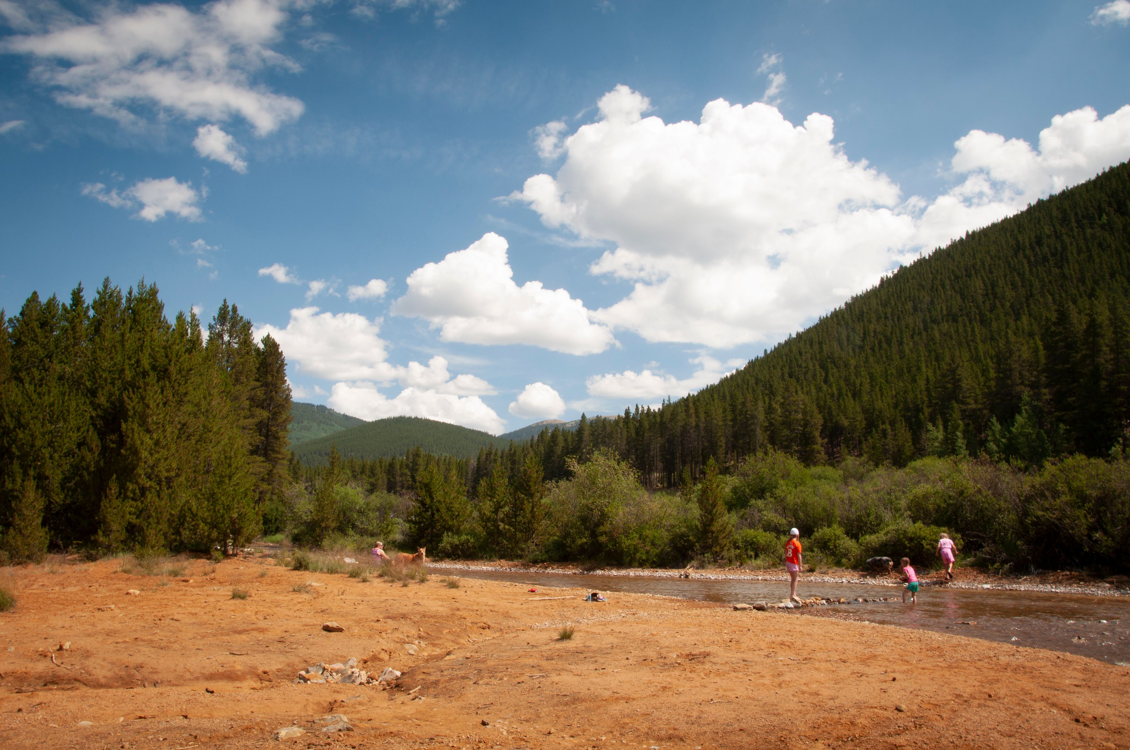 A river with people standing in the water, surrounded by a forested hillside and a clear sky.