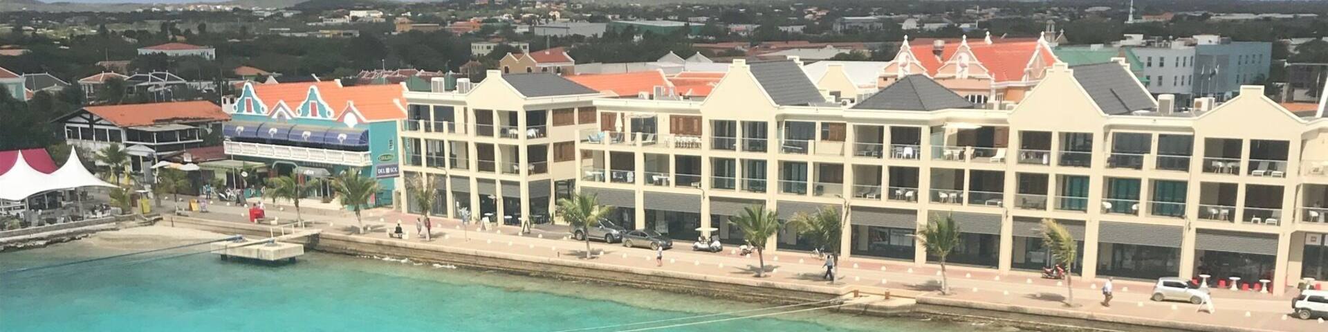A coastal resort with turquoise waters, a pier, and a row of buildings with red roofs.