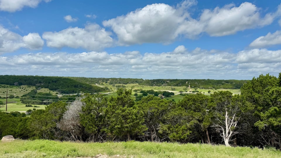 A lush green landscape with rolling hills, scattered trees, and a clear blue sky with clouds.