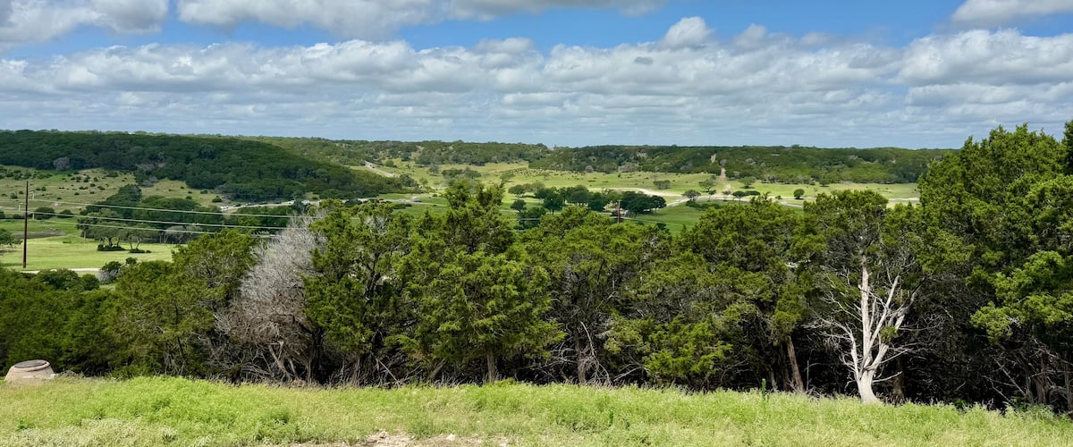 A lush green landscape with rolling hills, scattered trees, and a clear blue sky with clouds.
