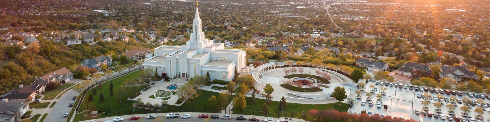 The Mormon (LDS) Temple in Bountiful Utah sits above the Great Salt Lake at dusk.