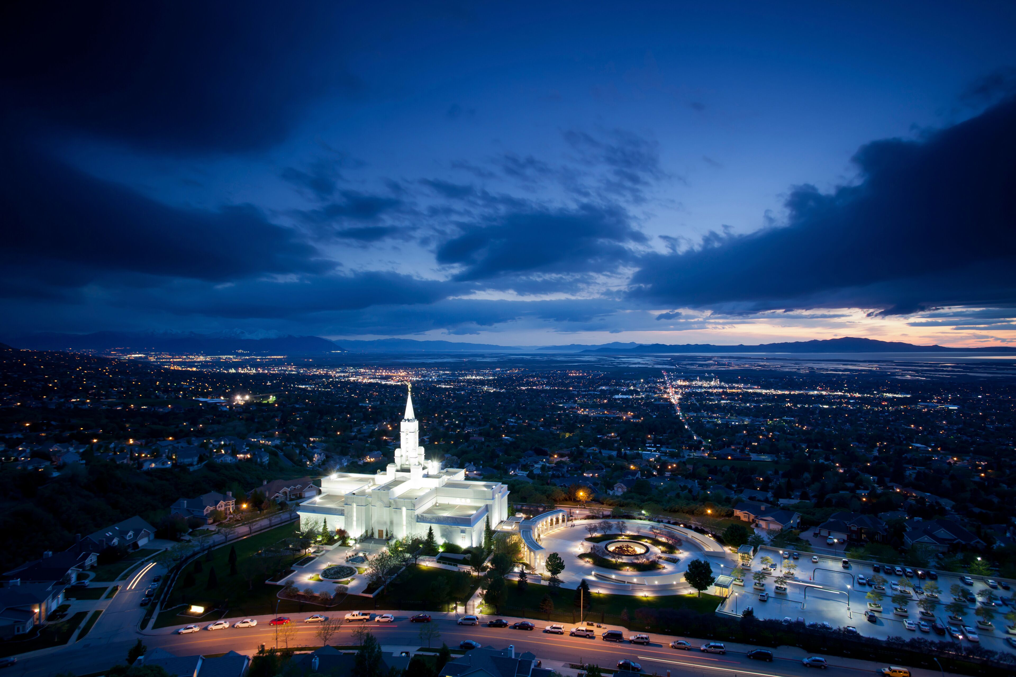 The Mormon (LDS) Temple in Bountiful Utah sits above the Great Salt Lake at dusk.