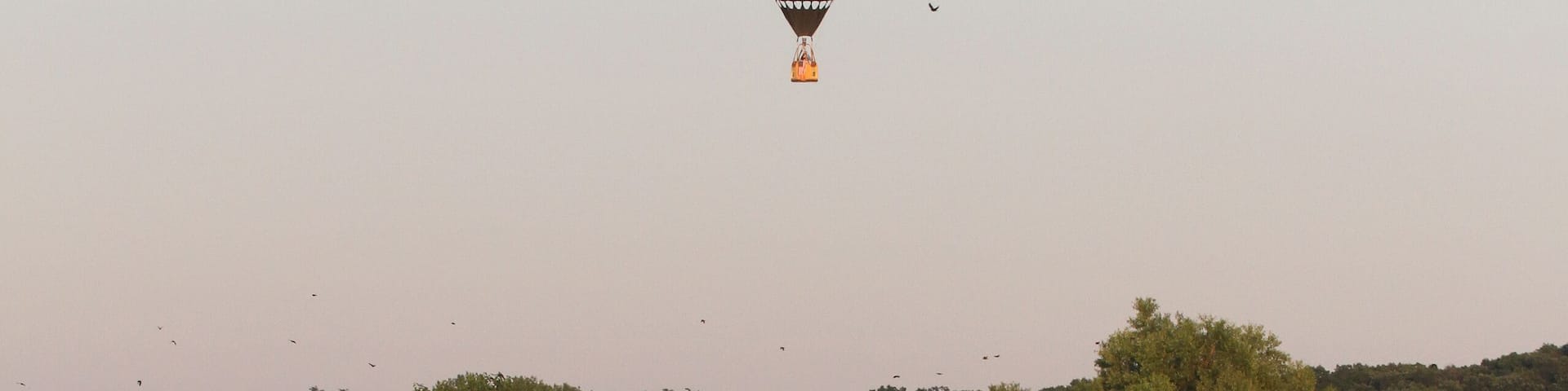 Hot Air Balloon Flies Above Placid Pond