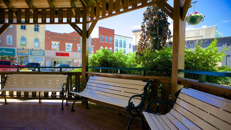 A wooden bench area with a view of a town's buildings and a hanging flower basket.