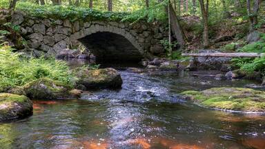 old stone arched bridge in woods with brook stream