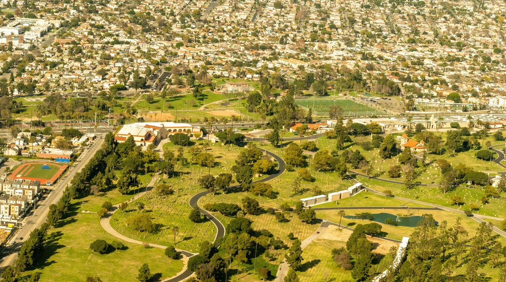 Aerial view of the rolling hills of the Inglewood park Cemetery in Inglewood, California, USA