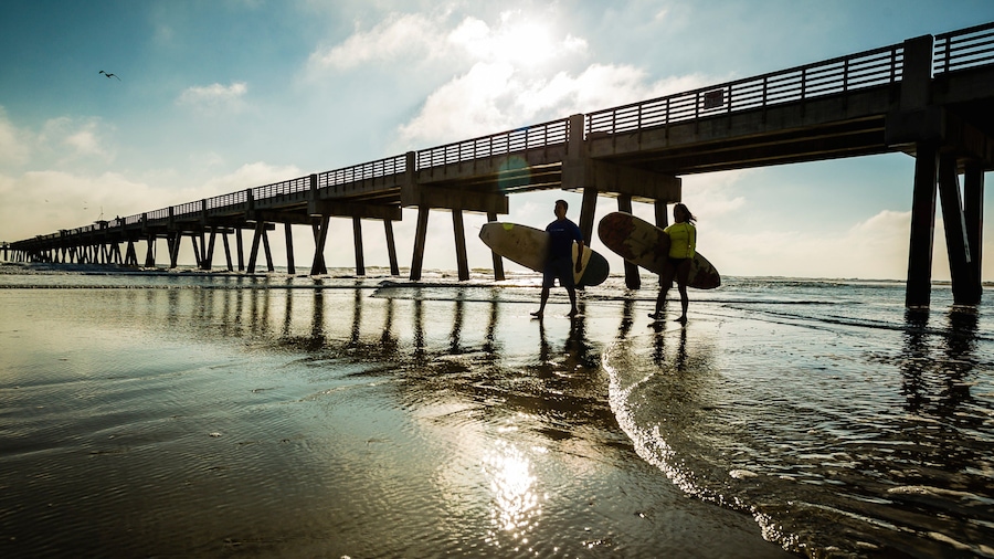 Jacksonville Beach showing a beach, views and surfing