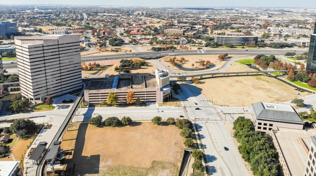 Aerial view downtown Las Colinas, Irving, Texas and light rail system (Area Personal Transit, APT). Las Colinas is an upscale, developed area in the Dallas suburb