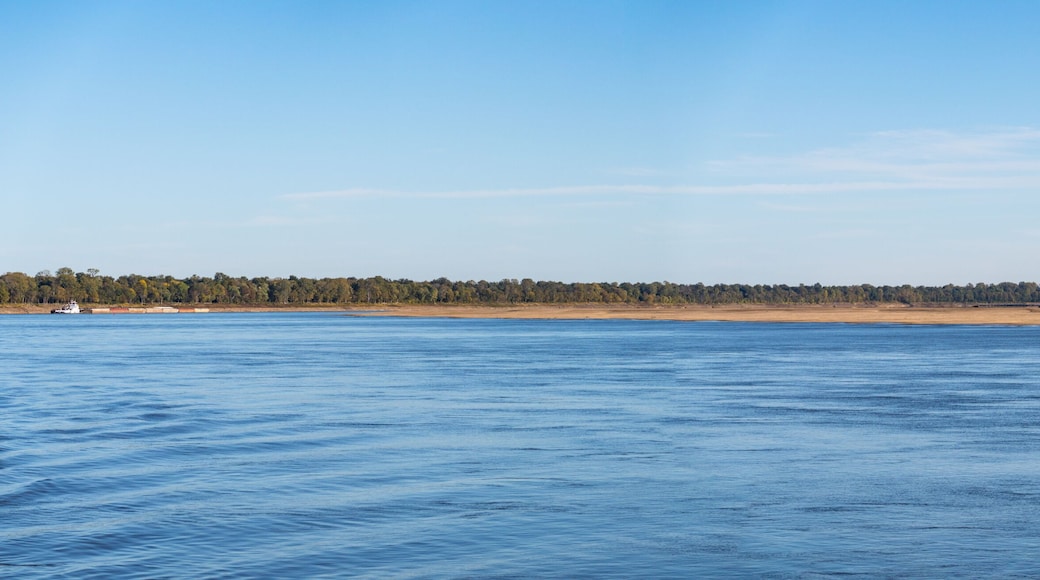 Panorama of sand banks due to extreme low water conditions on Mississippi river in October 2023 in Missouri