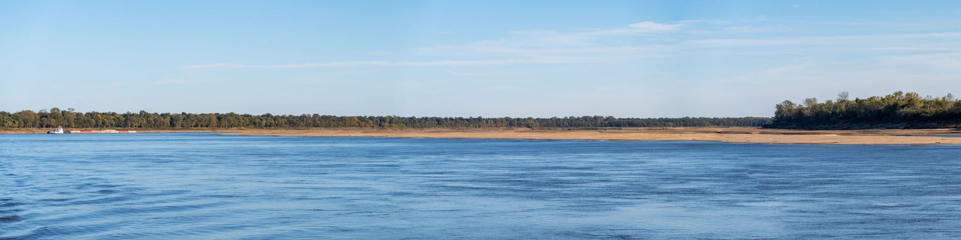 Panorama of sand banks due to extreme low water conditions on Mississippi river in October 2023 in Missouri
