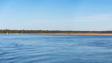 Panorama of sand banks due to extreme low water conditions on Mississippi river in October 2023 in Missouri