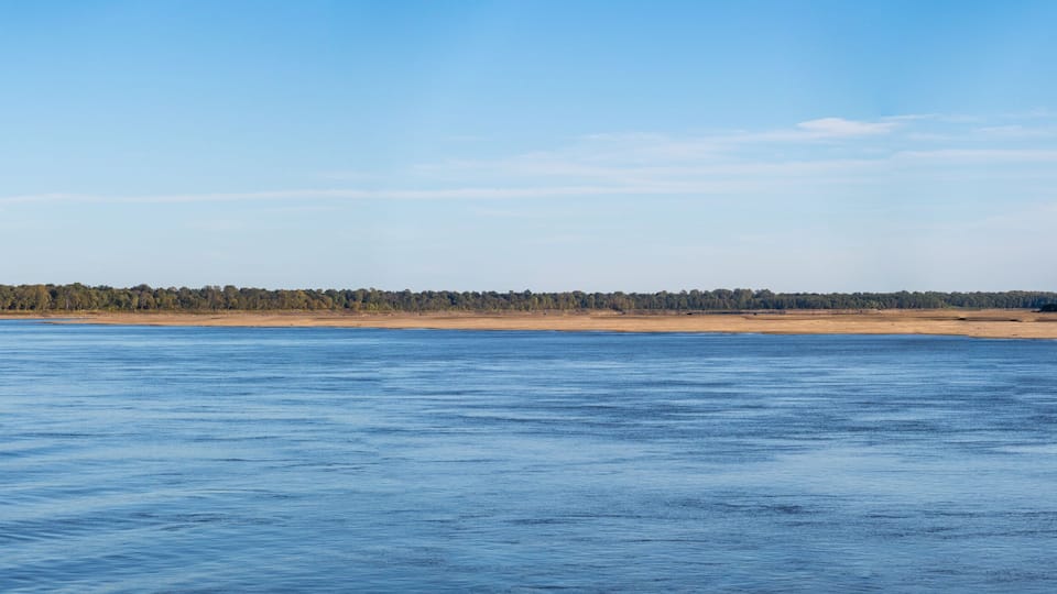 Panorama of sand banks due to extreme low water conditions on Mississippi river in October 2023 in Missouri