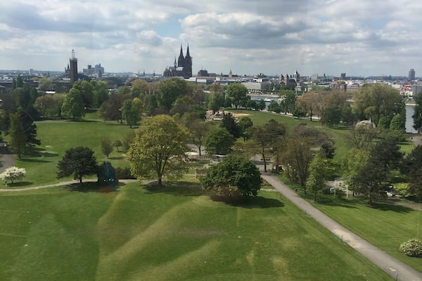 You see the Cologne cathedral in the background and the Rheinpark in the front, a local recreation area beside the river Rhine.