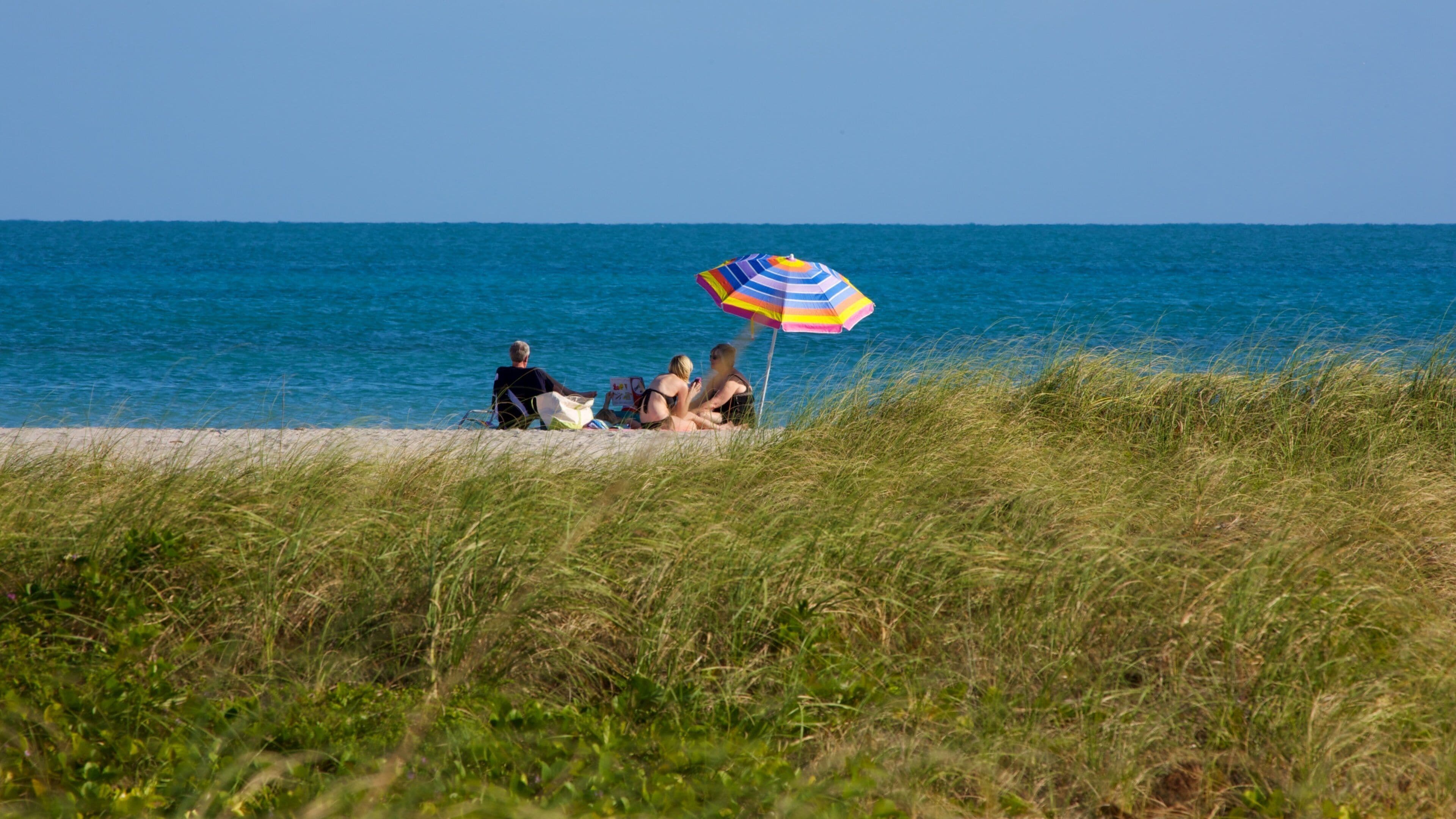 A beach with people sitting under a colorful umbrella.