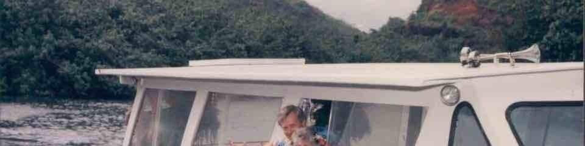 Wailua River Cruise to and from private wedding ceremony at the very romantic, lush Fern Grotto, March 17, 1994.