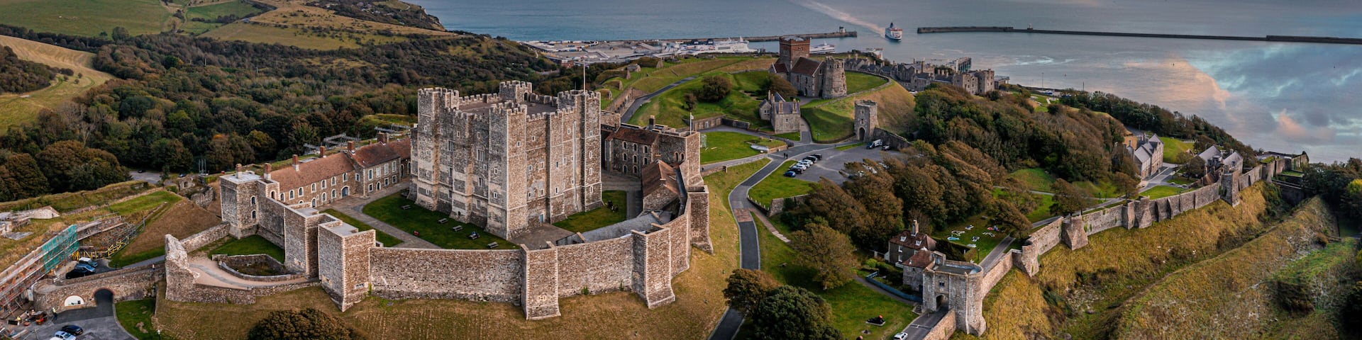 Aerial view of the Dover Castle. The most iconic of all English fortresses. English castle on top of the hill.