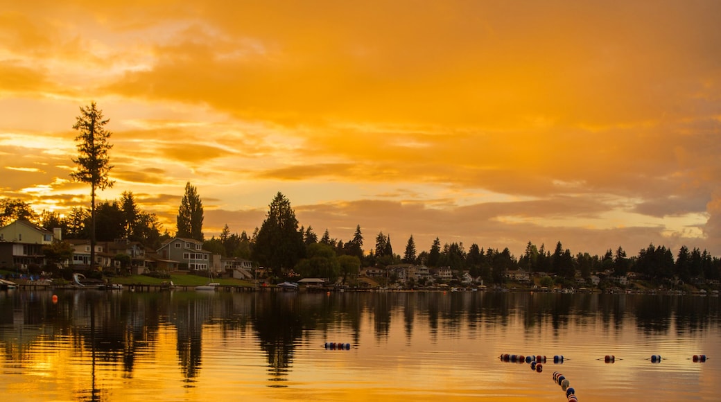 Golden sunset and reflections on Lake Meridian in Kent, WA