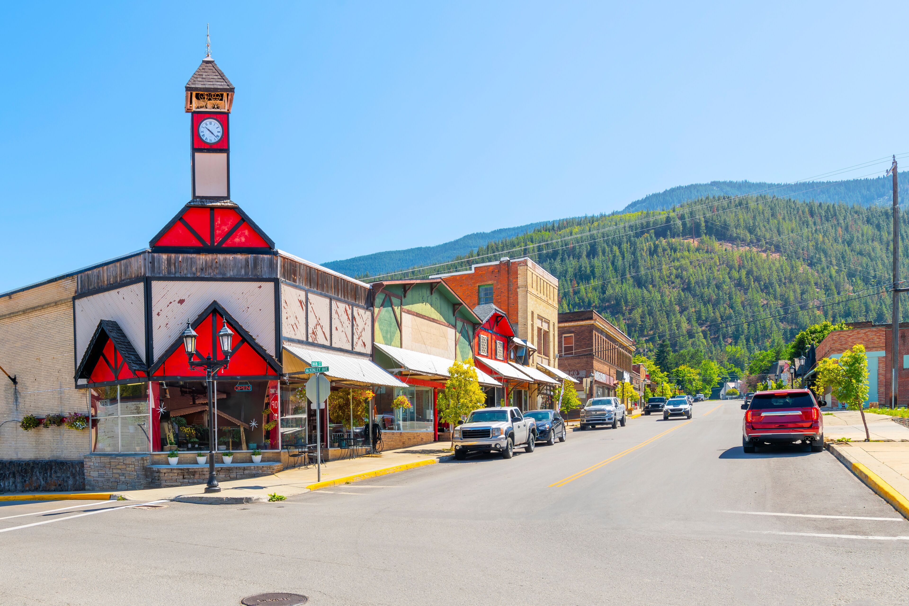 The historic Main Street of the mountain town of Kellogg, Idaho, founded in the 1880's mining boom of the Silver Valley region of North Idaho near Coeur d'Alene.