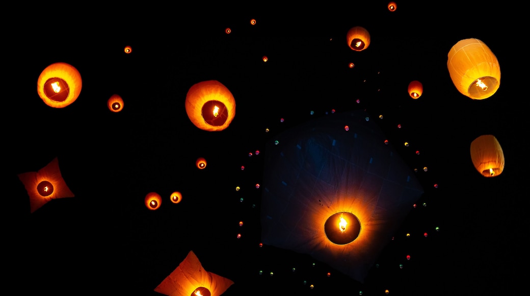 Beautiful views of lanterns being released into the dark sky during Probarona Purnima festival at Rajguru Buddhist Temple, keang mor, Bandarban, Bangladesh.
