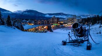 View of Whistler Village and ski runs at dusk.