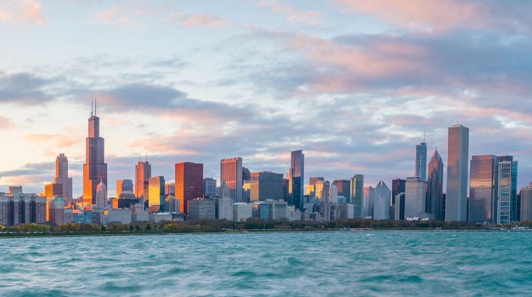 Downtown chicago skyline at sunset