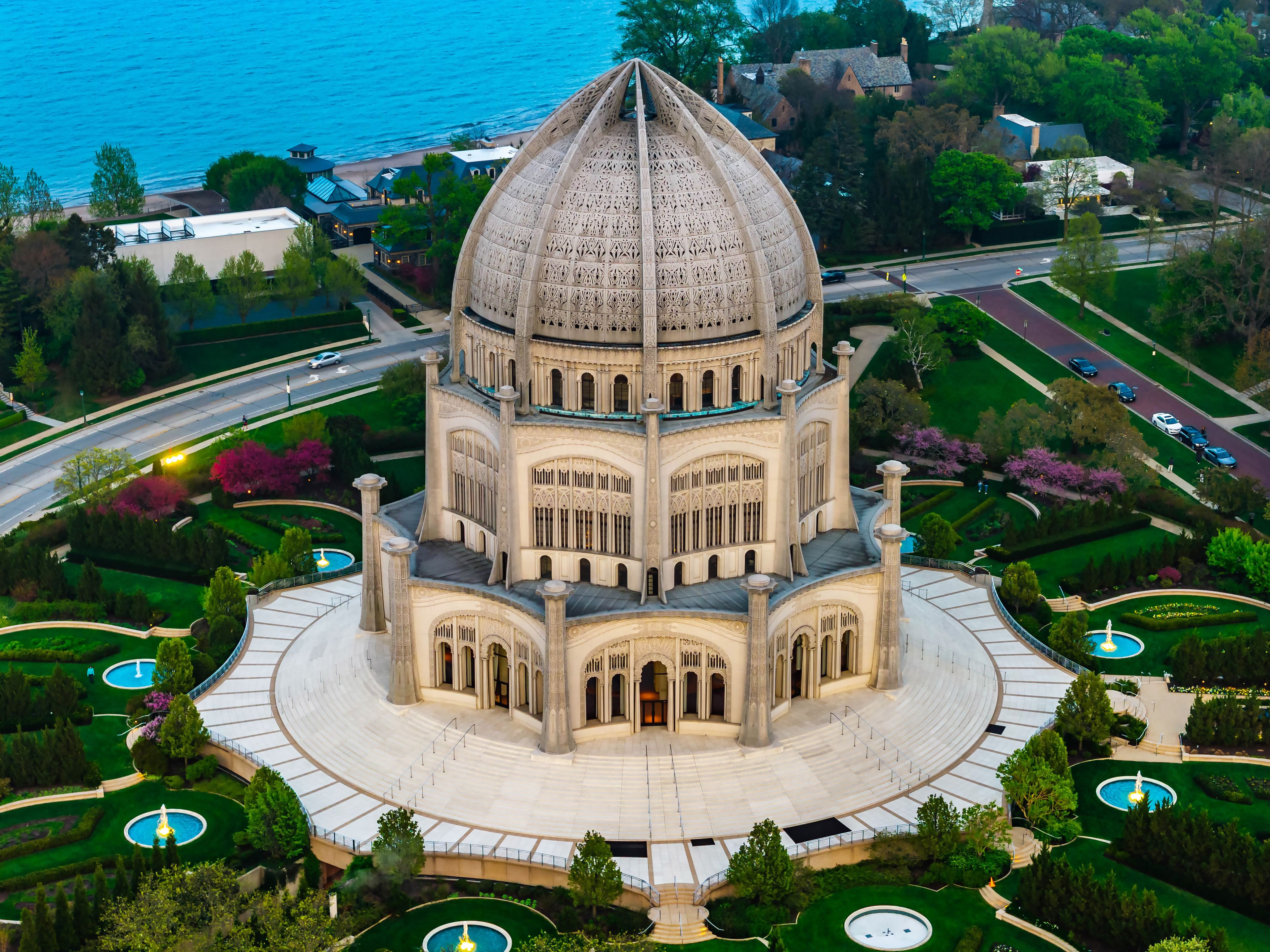 Aerial View of Bahai House of Worship in Wilmette Illinois on Lake Michigan Shore