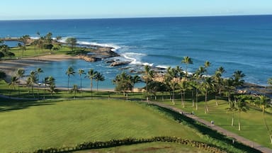 Un campo da golf costiero con vista sull'oceano e palme.