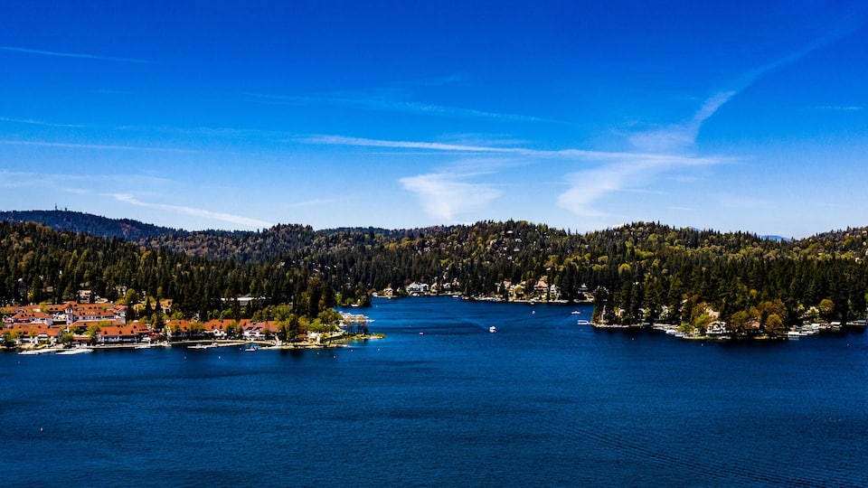A lake surrounded by forested hills and a small town with red-roofed buildings.