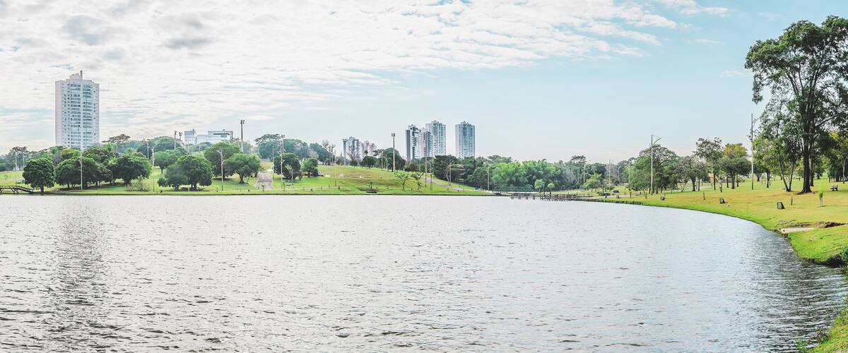 A park with a lake, trees, and tall buildings in the background.