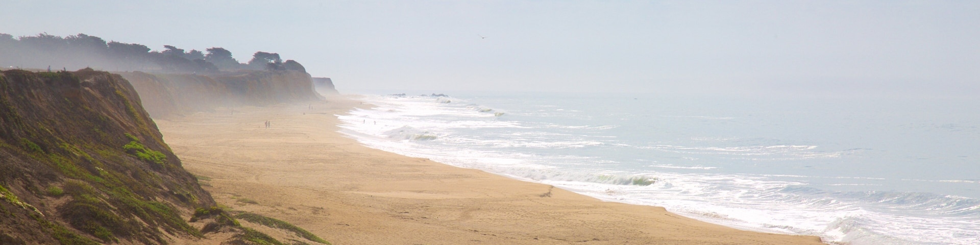 Half Moon Bay showing a sandy beach and general coastal views as well as an individual male
