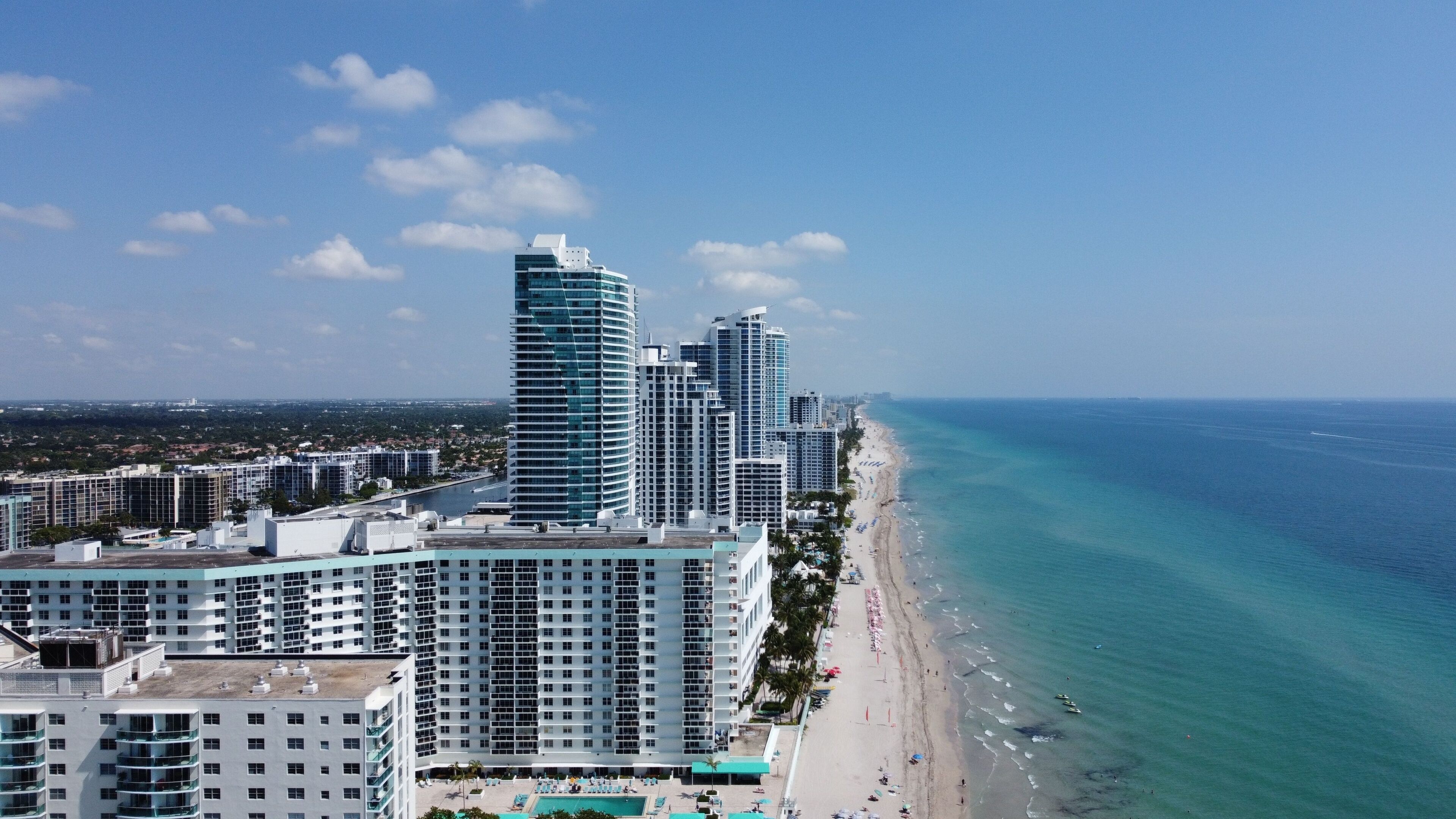 Aerial view of modern buildings on Hallandale Beach in southern Broward County, Florida