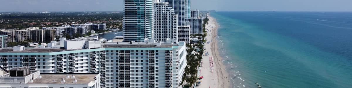 Aerial view of modern buildings on Hallandale Beach in southern Broward County, Florida
