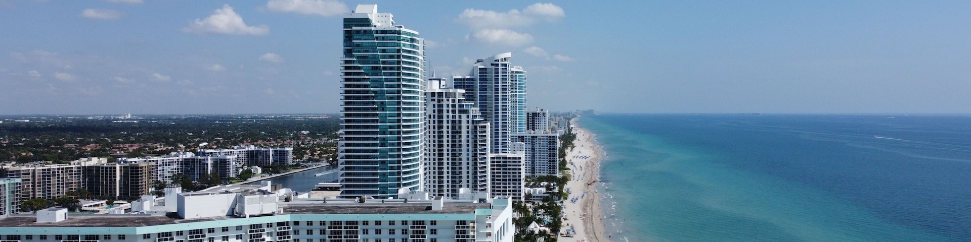 Aerial view of modern buildings on Hallandale Beach in southern Broward County, Florida