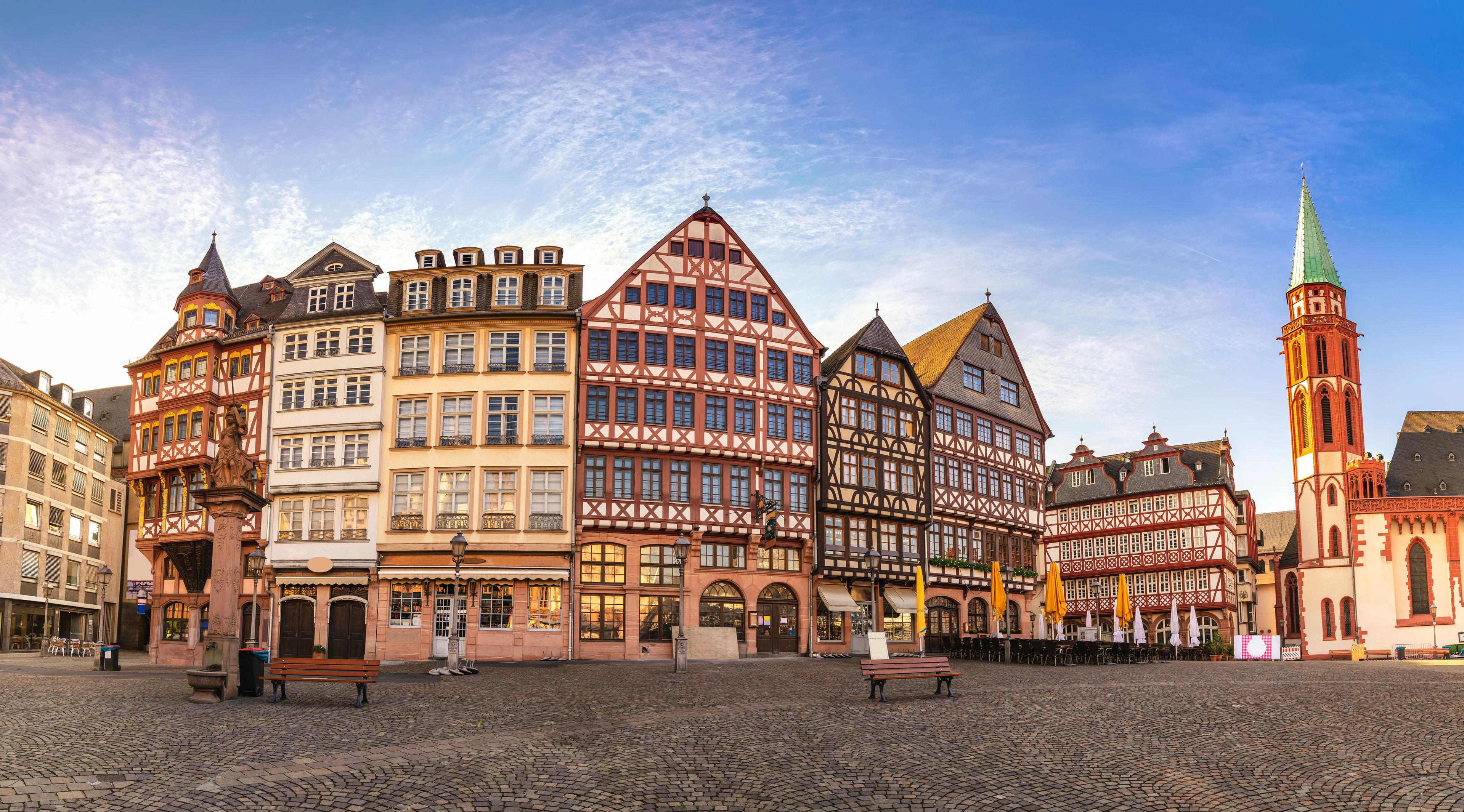 Frankfurt Germany, panorama sunrise city skyline at Romer Town Square