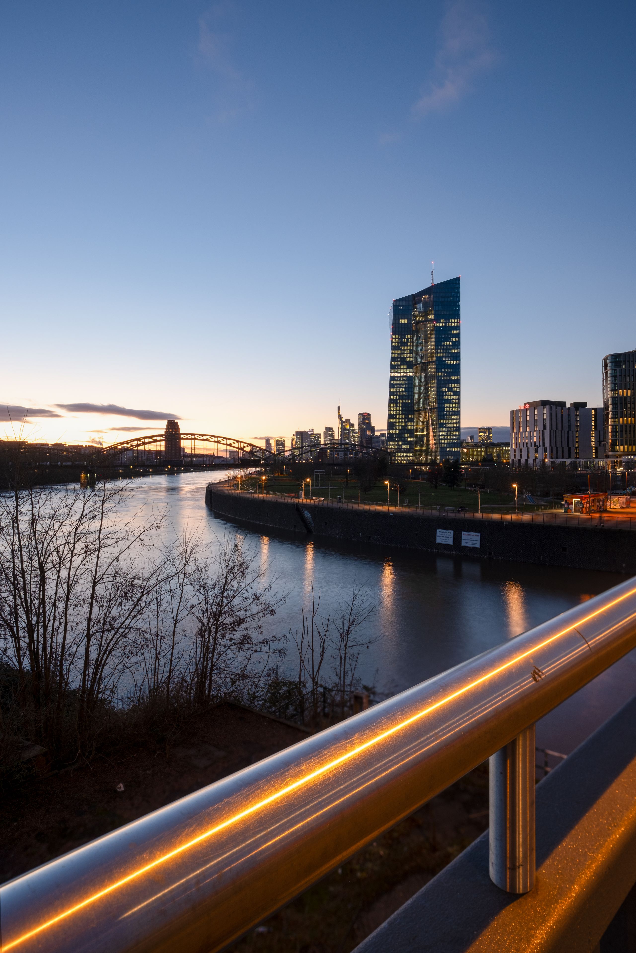 Frankfurt Skyline with ECB Tower at Dusk Reflecting on the Main River, Germany